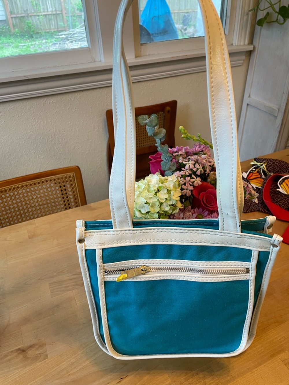Turquoise and White Canvas Tote Bag